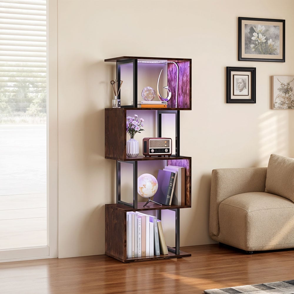 Living and Home 5 Shelf Black and Dark Wood S-Shaped Geometric Bookcase with LED Light Image 8