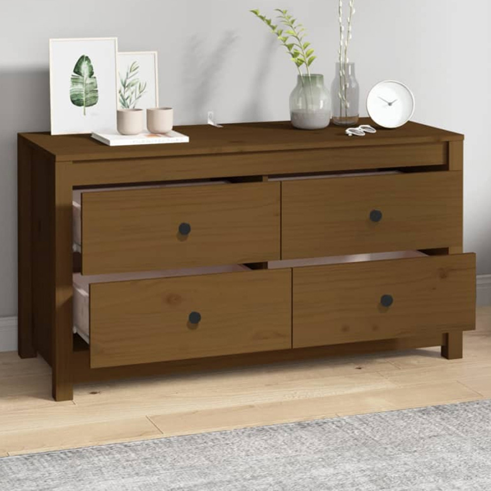 vidaXL 4 Drawer Honey Brown Solid Pine Wood Sideboard Image 1