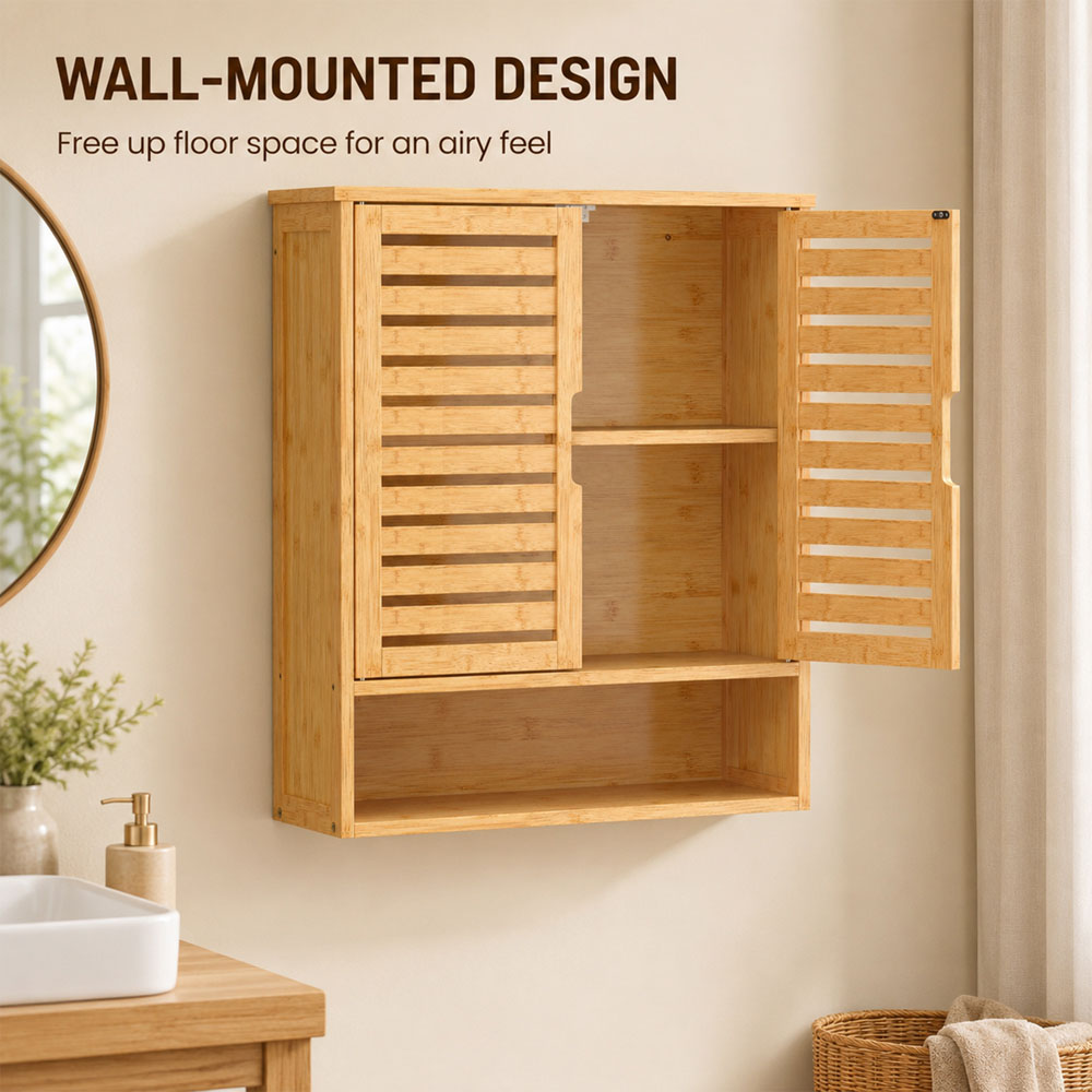 HOMCOM 2 Louvered Door Single Shelf Oak Wall-Mounted Bathroom Cabinet Image 6