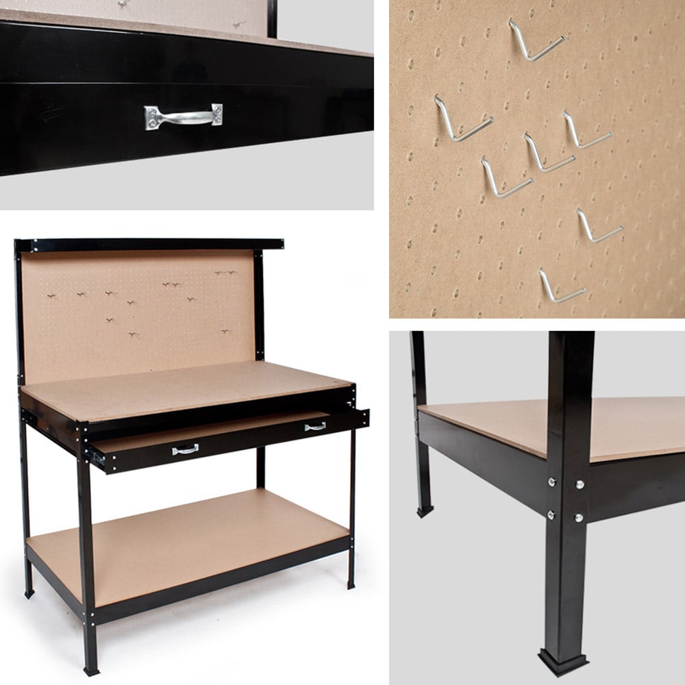 tectake 2 Shelf Single Drawer Black Workbench with Pegboard Image 7