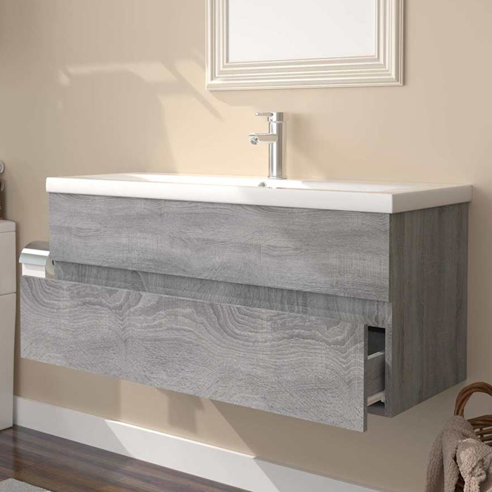 vidaXL 2 Drawer Grey Sonoma and White Sink Cabinet with Basin Image 1