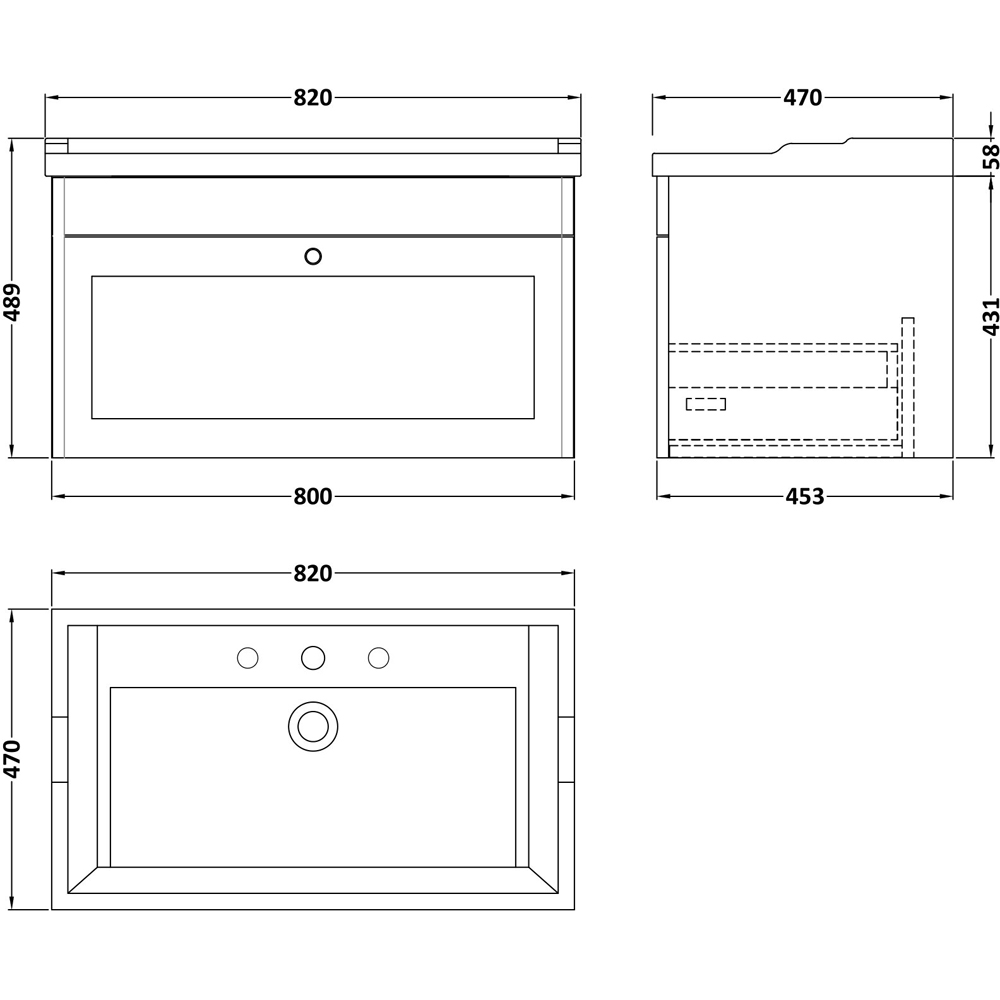 nuie Classique Single Drawer Satin Grey Wall Hung Unit and 3 Tap Hole Fireclay Basin 800mm Image 3