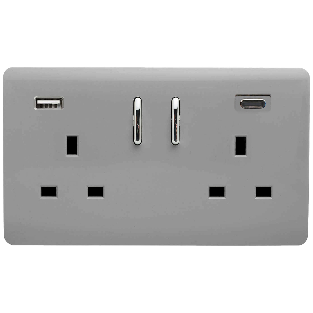 Trendi Switch 2 Gang 13amp 2 Port USB Light Grey Switched Plug Socket Image 1