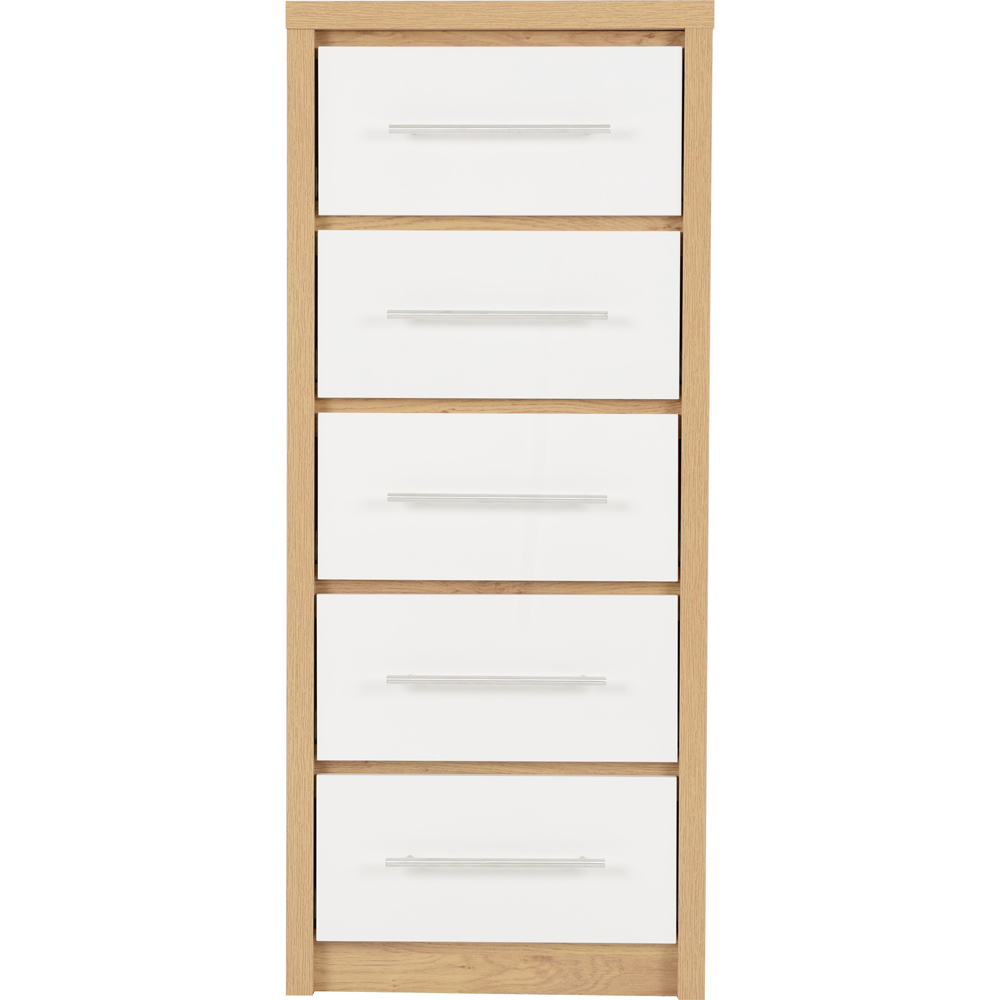 Seconique Seville 5 Drawer White Gloss Light Oak Effect Veneer Narrow Chest of Drawers Image 3