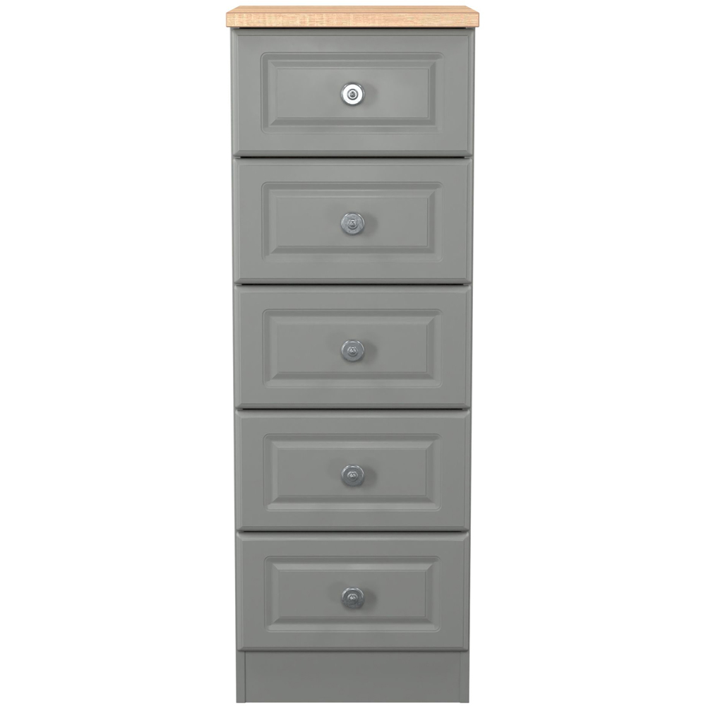 Crowndale Norfolk 5 Drawer Dusk Grey and Bardolino Oak Tall Bedside Cabinet Ready Assembled Image 2