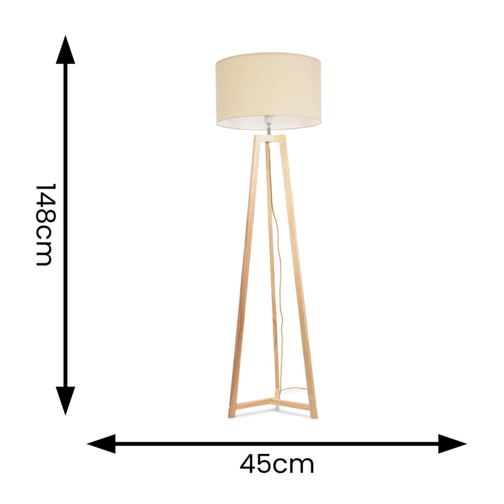 ValueLights Lottie Natural Fabric Drum Shade Natural Wood Tripod LED Floor Lamp Image 4