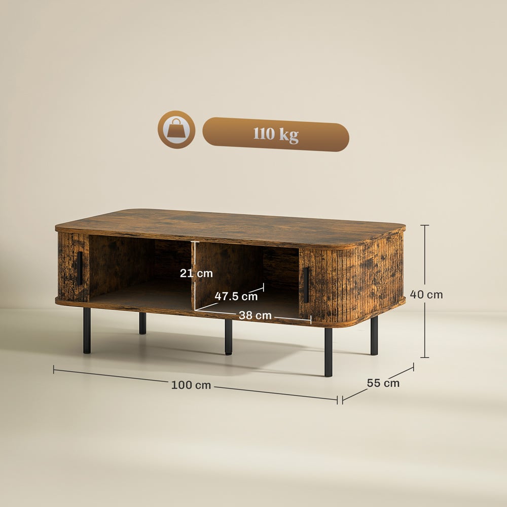 HOMCOM 2 Door Brown Coffee Table with Sliding Doors Image 9