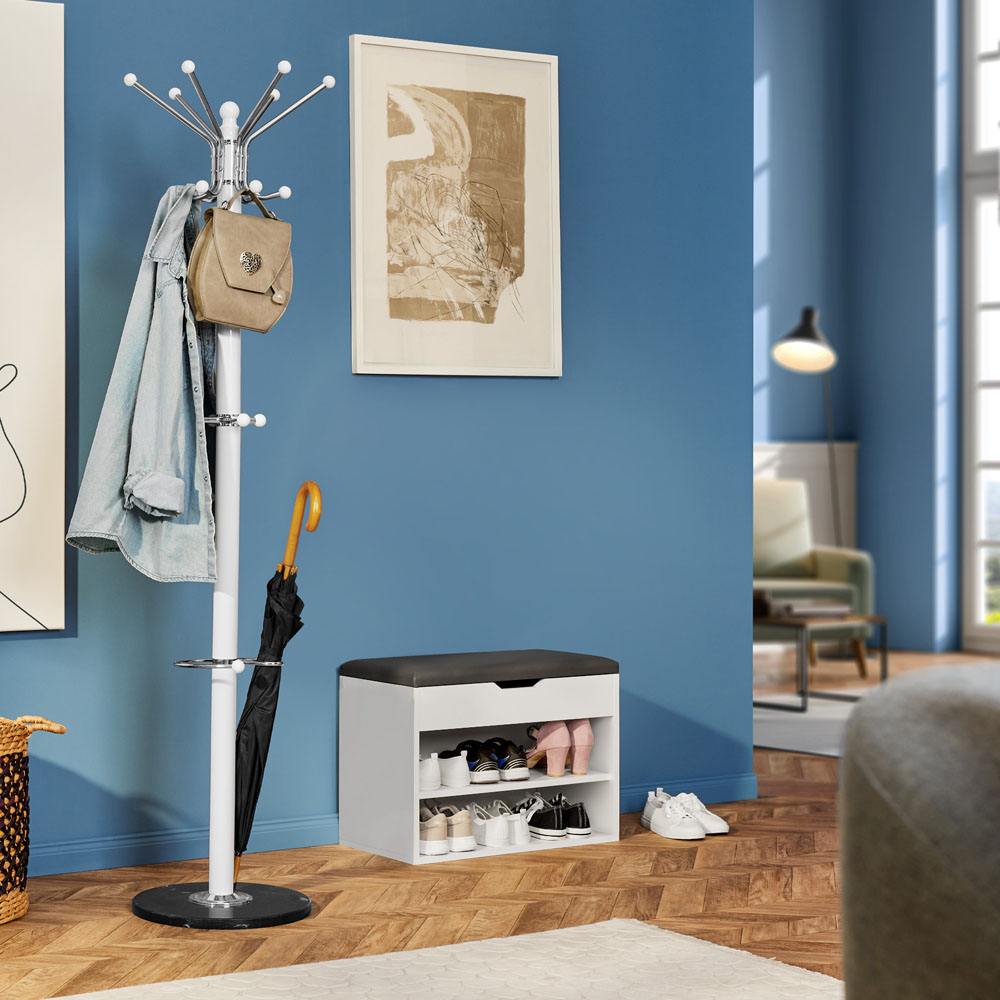 tectake 16 Hook White Coat Stand with Umbrella Stand and Bag holder Image 2