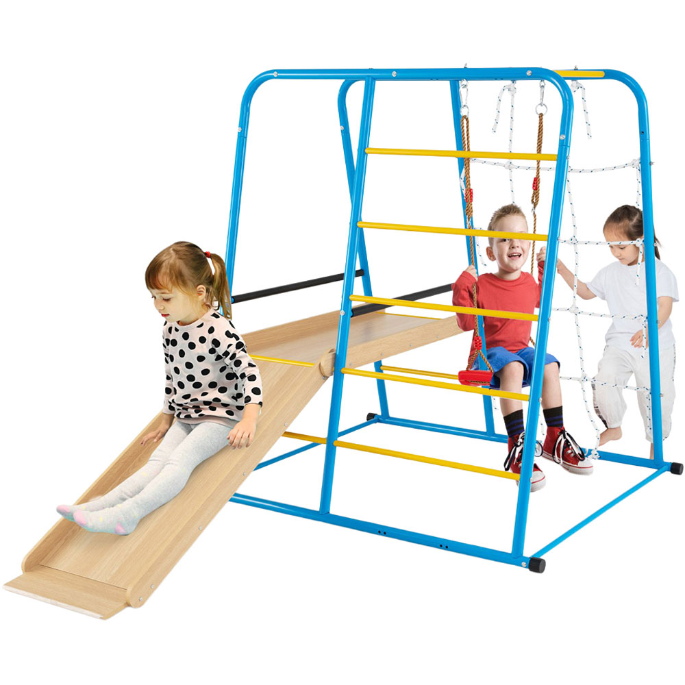Costway Blue 6-in-1 Indoor Jungle Gym Metal Climber Play Set with Slide and Monkey Bar Image 1