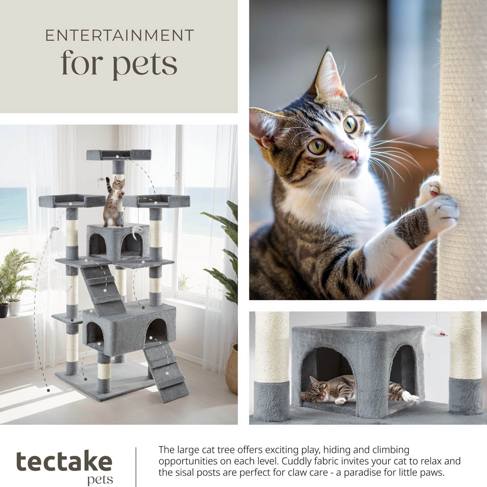 tectake Barney Grey Cat Tree with Scratching Posts 170cm Image 7