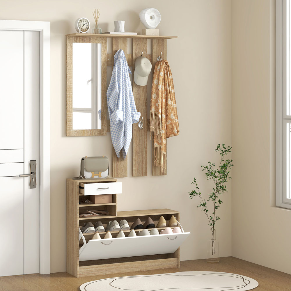 HOMCOM 2 Piece White and Natural Hallway Furniture Set with Mirror Image 3