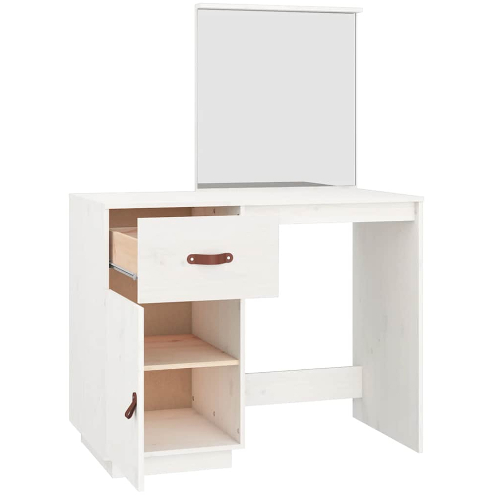 vidaXL Single Door Single Drawer White Solid Wood Pine Dressing Table with Mirror Image 3