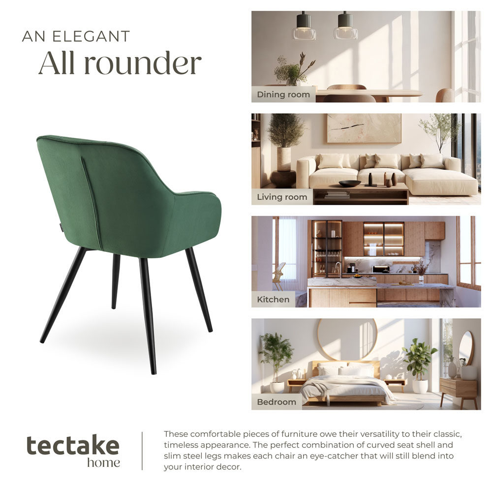 tectake Marilyn Set of 6 Dark Green and Black Quilted Velvet Dining Chair Image 7