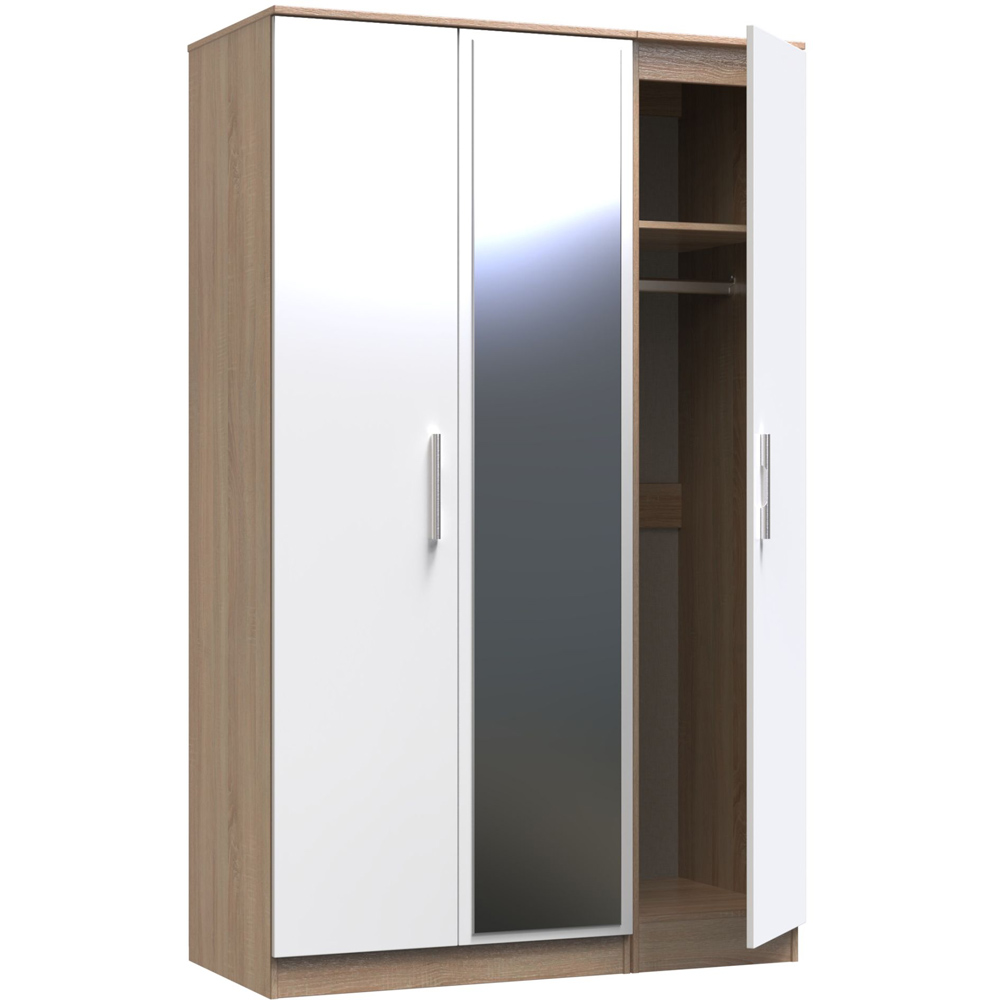 Crowndale Contrast Ready Assembled 3 Door Gloss White and Bardolino Oak Tall Mirrored Wardrobe Image 6