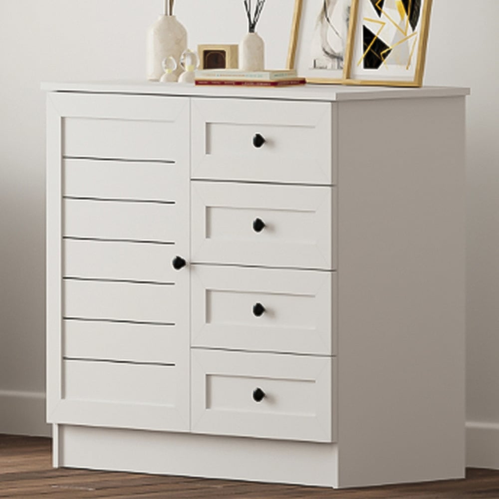 Evu VENICE Single Door 4 Drawer Soft White Sideboard Image 1