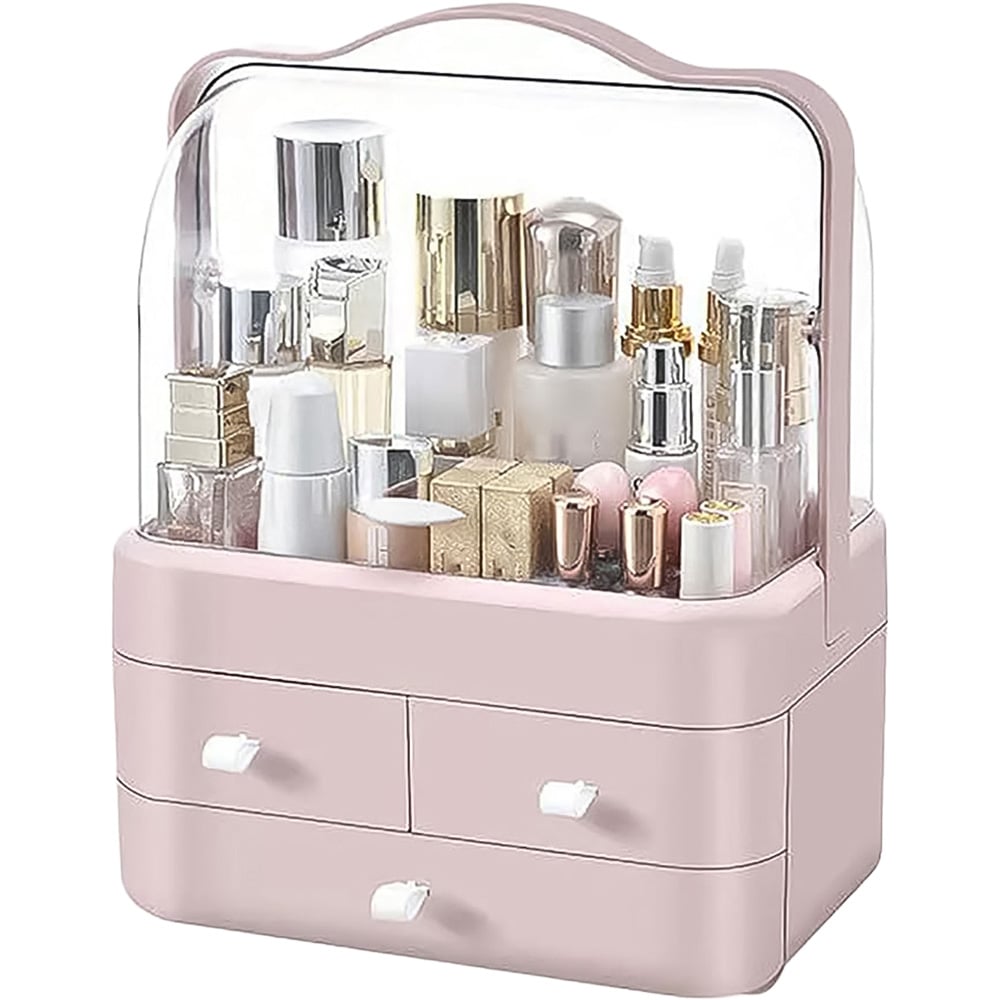 Neo 3 Drawer Pink Acrylic Makeup Storage Organiser with Lid Image 1