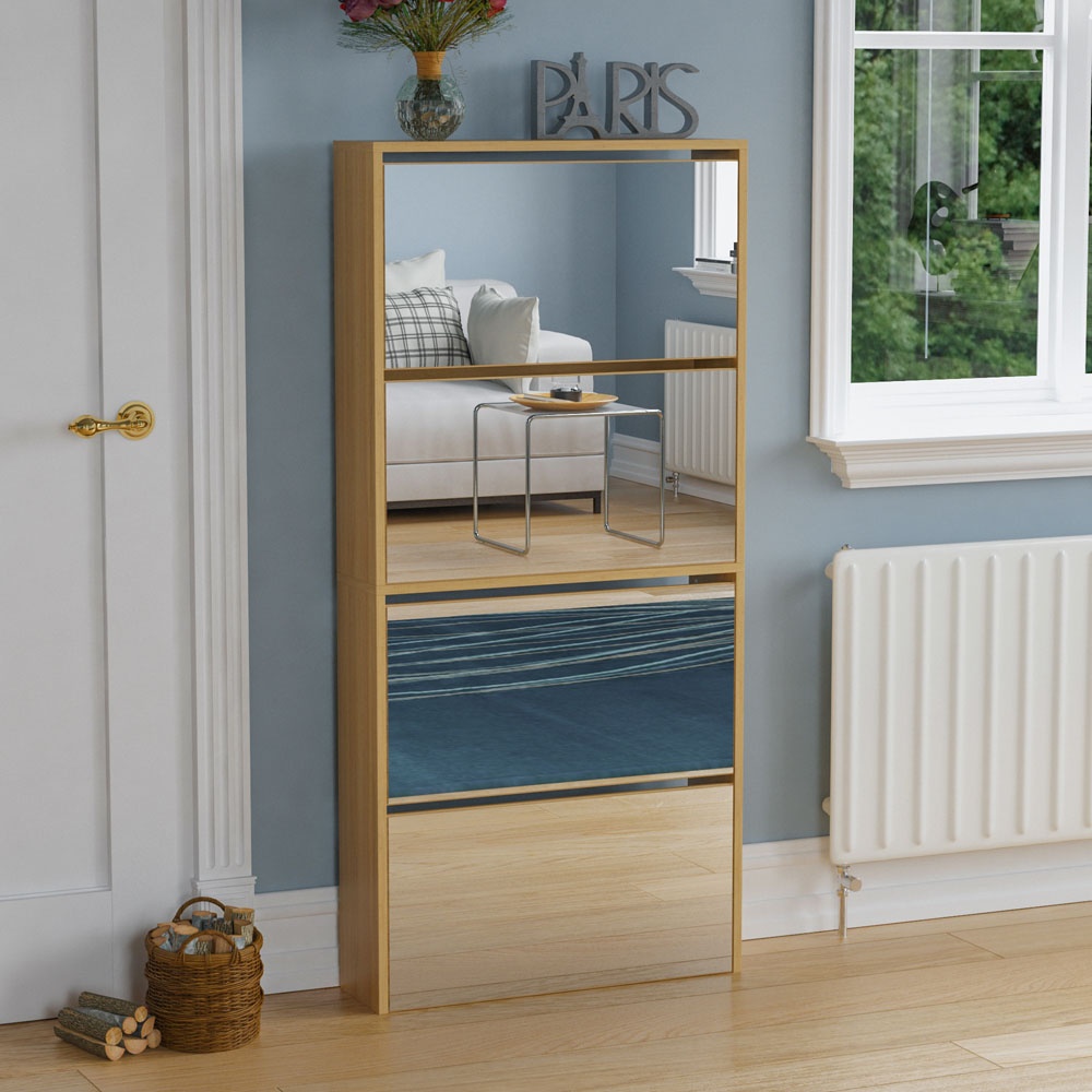 Home Vida Welham Oak 4-Drawer Mirrored Shoe Cabinet Rack Image 7