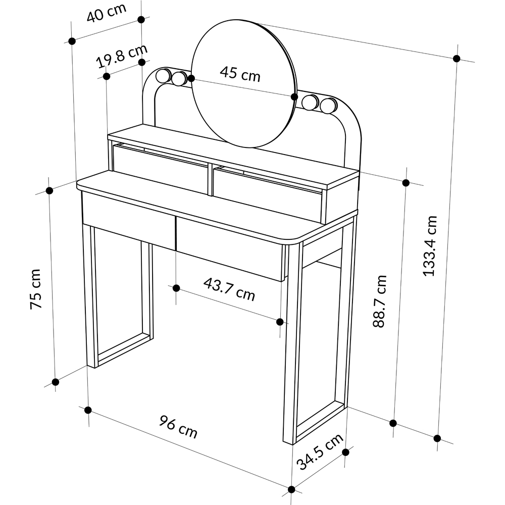 Decortie Lora 4 Drawer Black Bute Sapphire Oak Dressing Table with LED Mirror Image 7