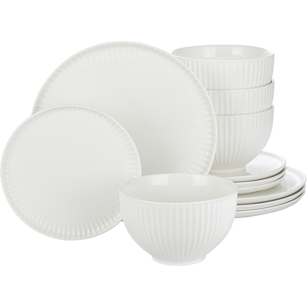 Waterside Professional Alumina White 12 Piece Porcelain Textured Rim Dinner Set Image 1