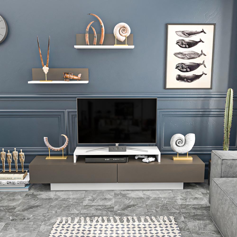 Decorotika Lusi 2 Door Single Shelf White and Coffee Galaxy TV Unit with 2 Wall Shelf Image 5