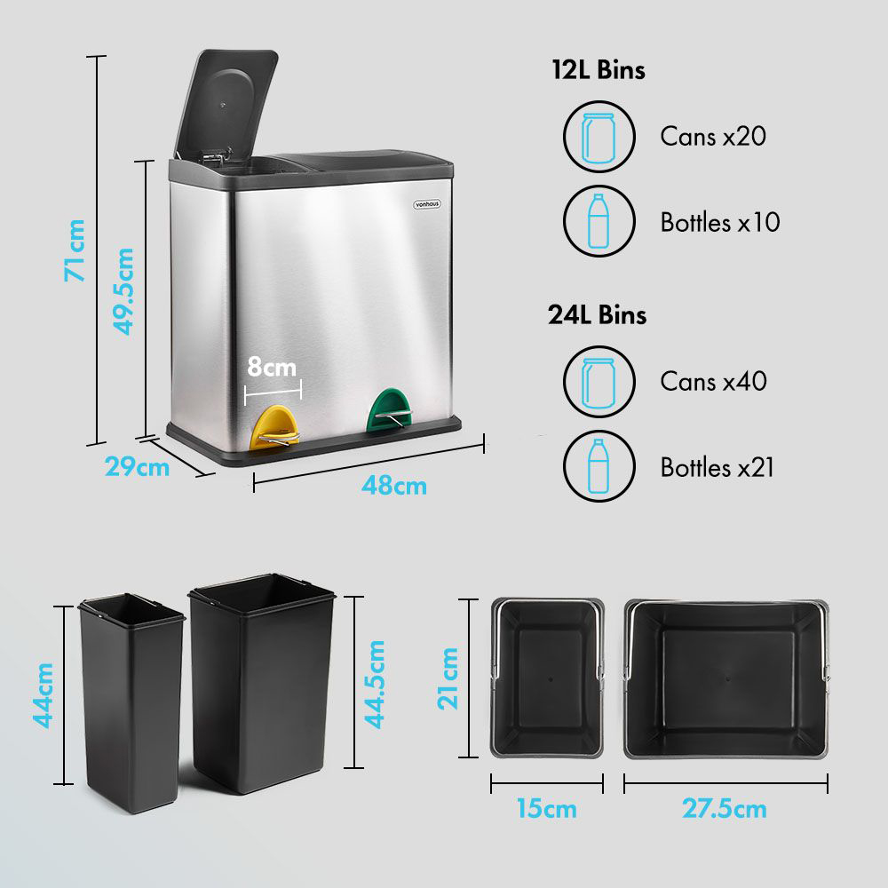 VonHaus 2 in 1 Steel Recycling Pedal Bin 36L Image 8