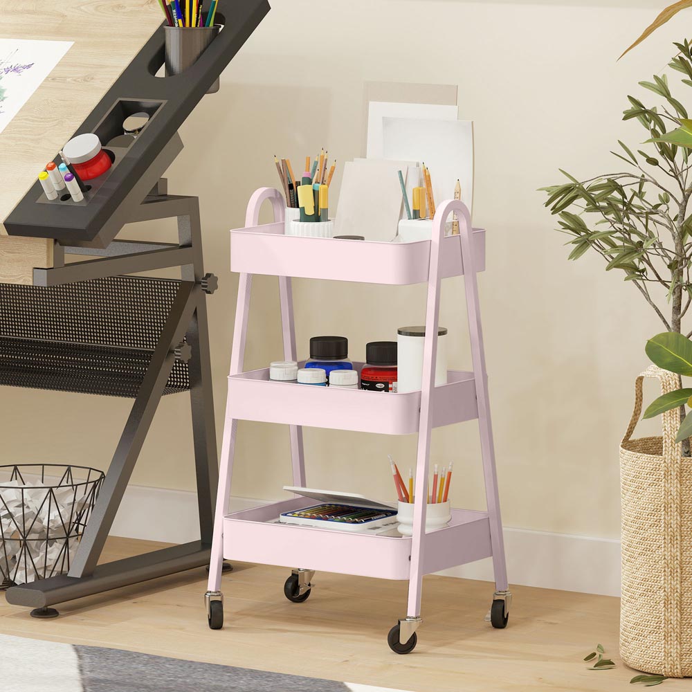HOMCOM 3-Tier Pink Kitchen Storage Trolley Image 5