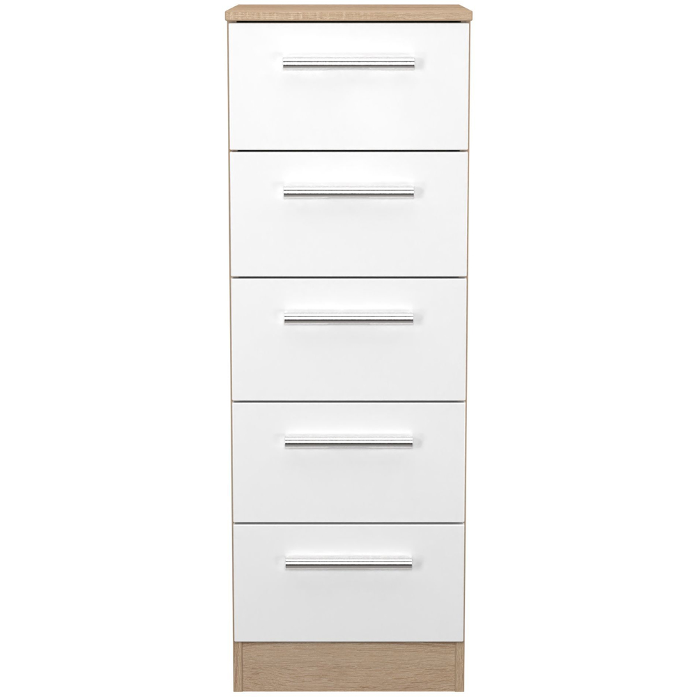 Crowndale Contrast 5 Drawer White Matt and Bardolino Oak Tall Bedside Cabinet Ready Assembled Image 2