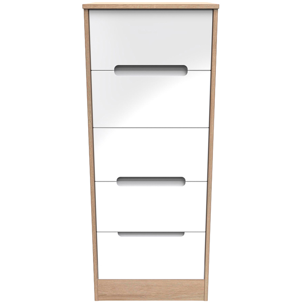 Crowndale Monaco 5 Drawer White Gloss and Bardolino Oak Tall Bedside Cabinet Ready Assembled Image 2