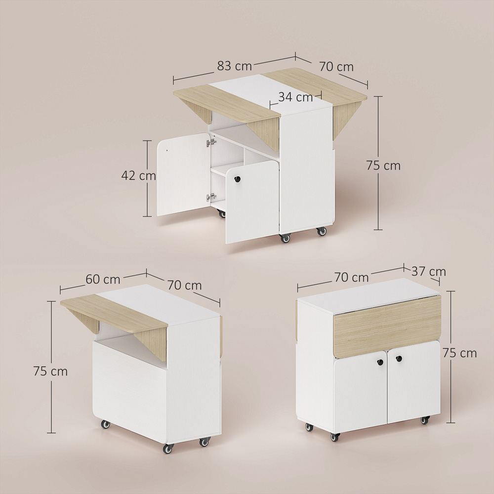Portland 2 Drawer White Rolling Drop Leaf Dining Table with Hidden Shelf Image 8