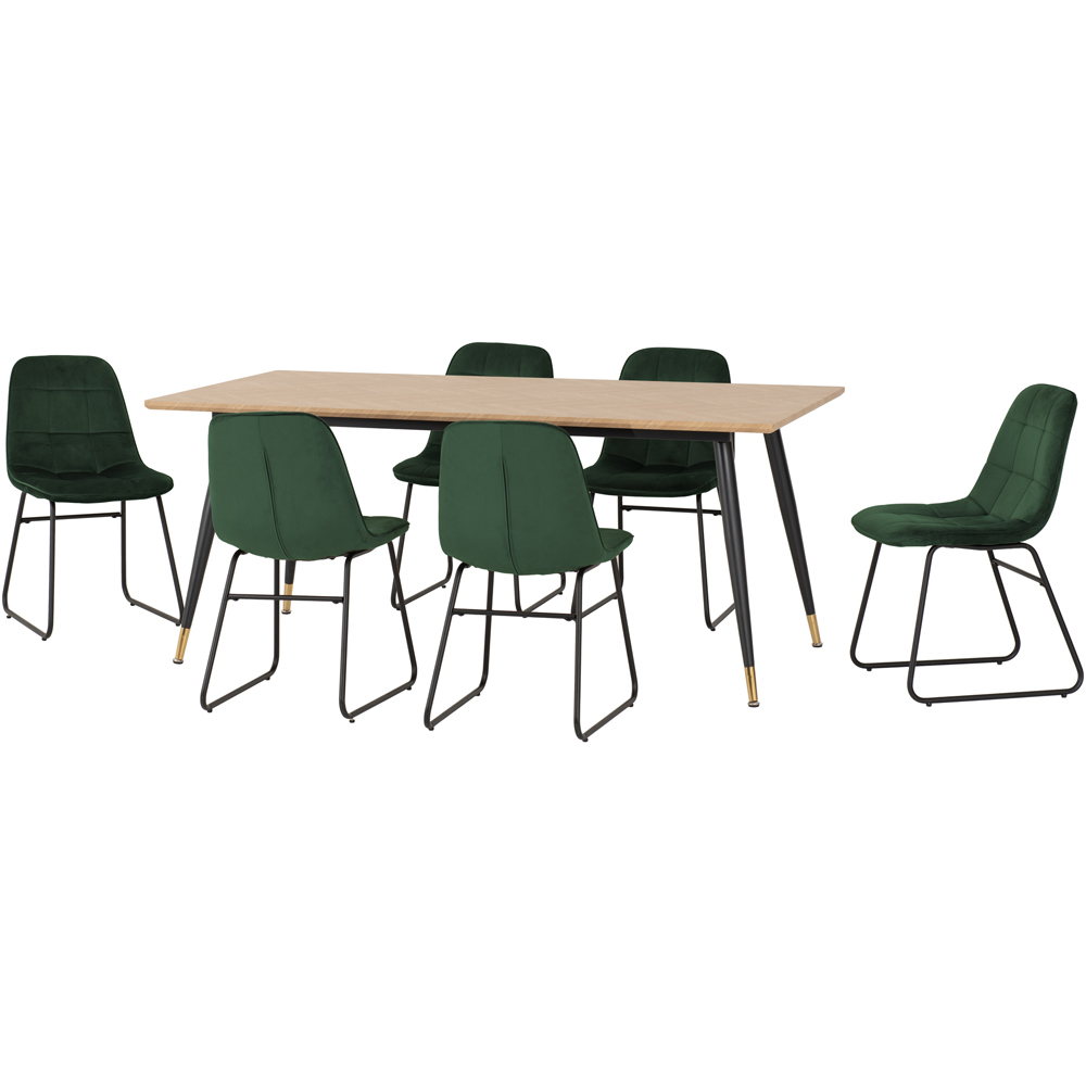 Seconique Hamilton Lukas Oak Effect Velvet 6 Seater Dining Table Set Emerald Green Image 2