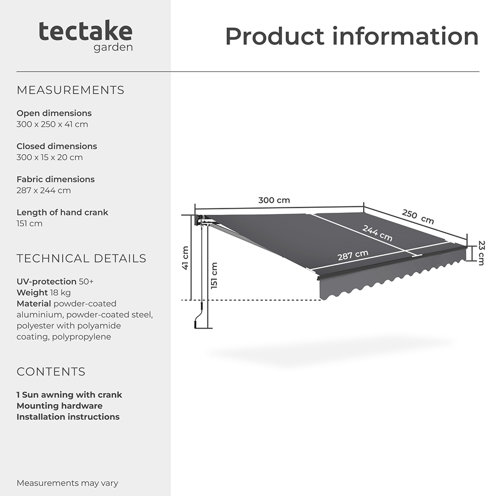 tectake Ornella Dark Grey Retractable Awning 300 x 250cm Image 8