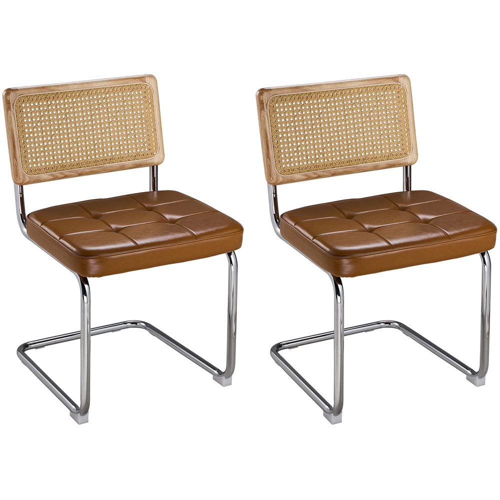 Living and Home Set of 2 Brownish Yellow PU Leather Rattan Back Dining Chairs Image 2