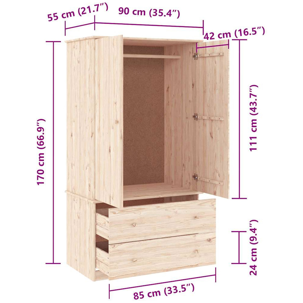 vidaXL Alta 2 Door 2 Drawer Natural Solid Wood Pine Wardrobe Image 9