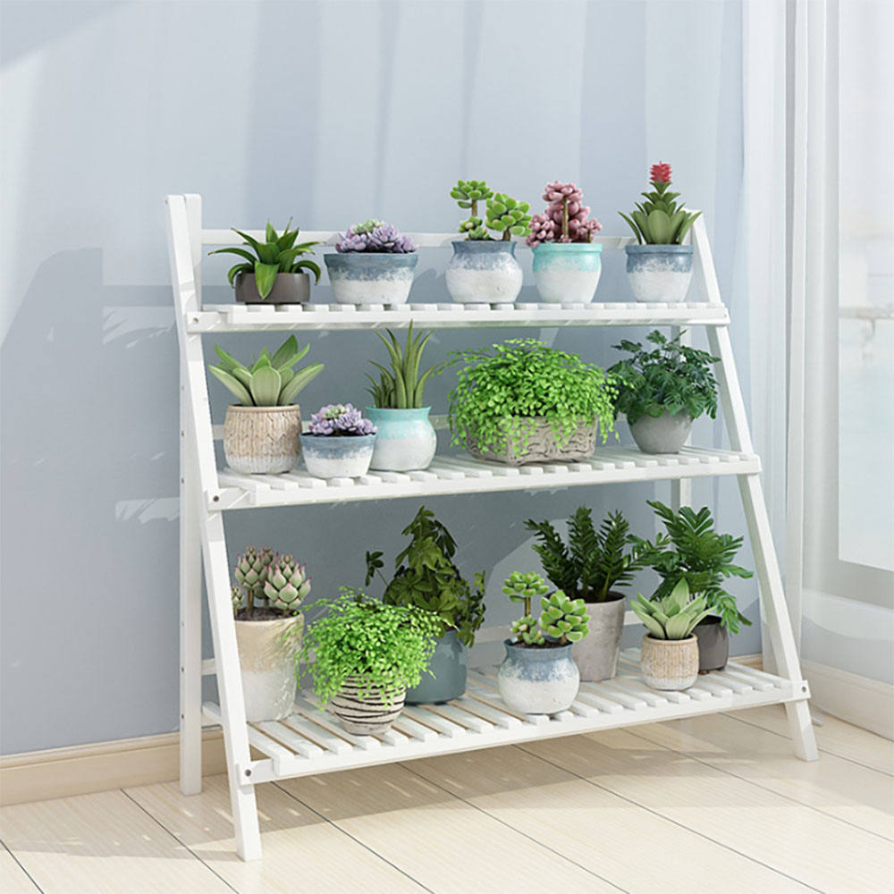 Living and Home 3 Tier White Wooden Foldable Ladder Shelf Image 6
