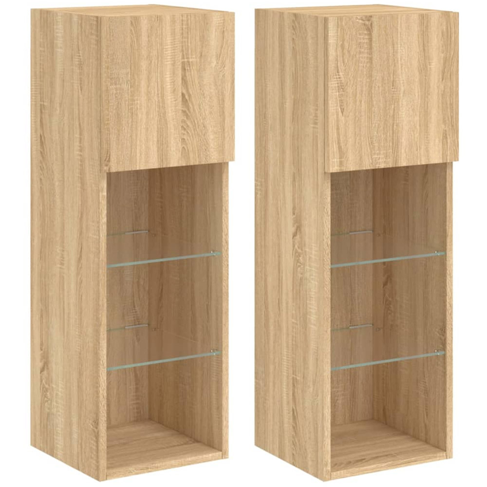 vidaXL Single Door 3 Open Shelf Sonoma Oak Narrow TV Cabinet with LED Light Set of 2 Image 2