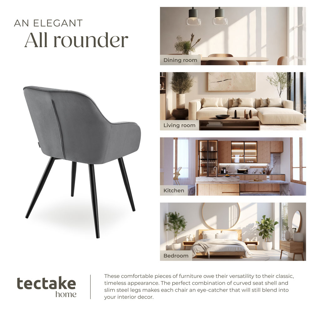 tectake Marilyn Set of 6 Grey and Black Quilted Velvet Dining Chair Image 7