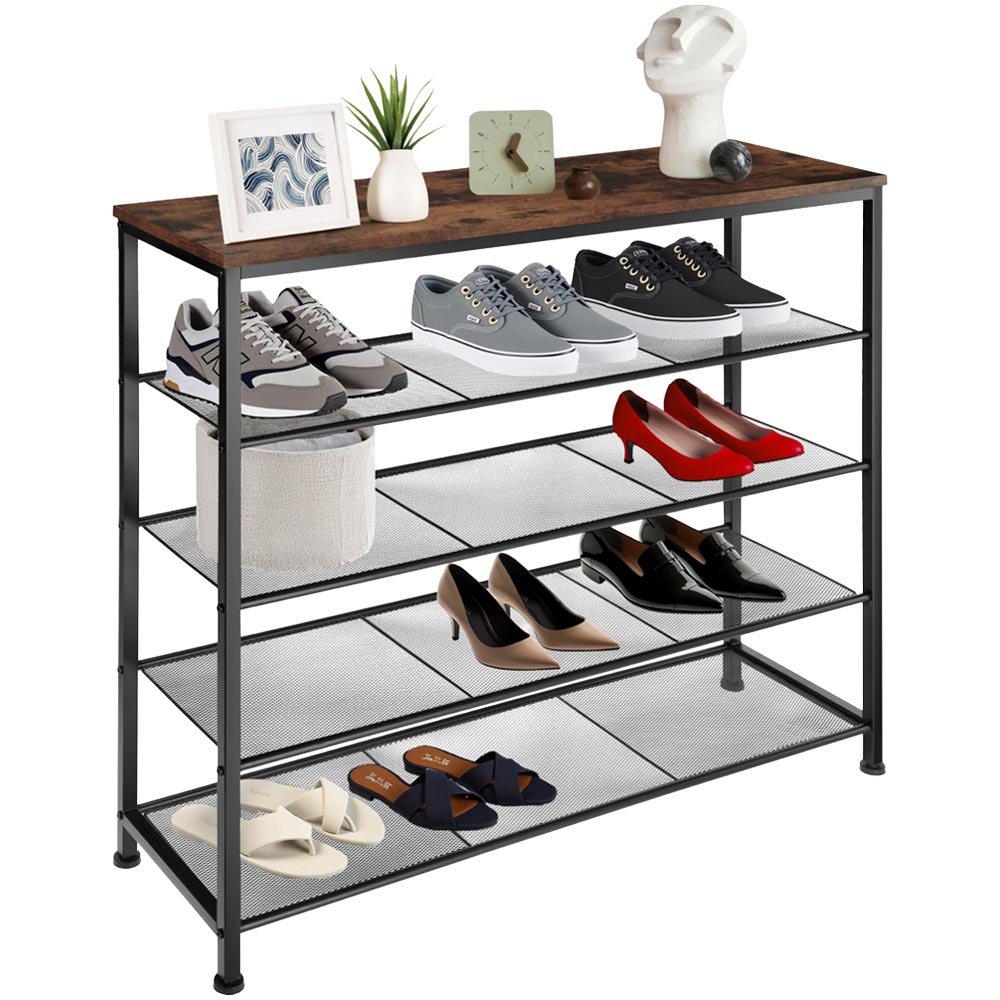 tectake Sheffield 4 Grid Shelf Dark Wood Shoe Rack Image 1