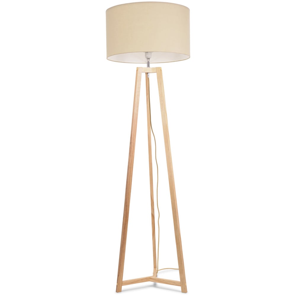 ValueLights Lottie Natural Fabric Drum Shade Natural Wood Tripod LED Floor Lamp Wilko