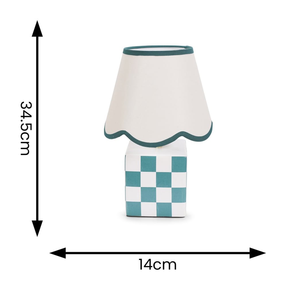 ValueLights Evie Set of 2 Sage Green Trim Linen Scallop Shade Cube Checkered Ceramic LED Table Lamp Image 4