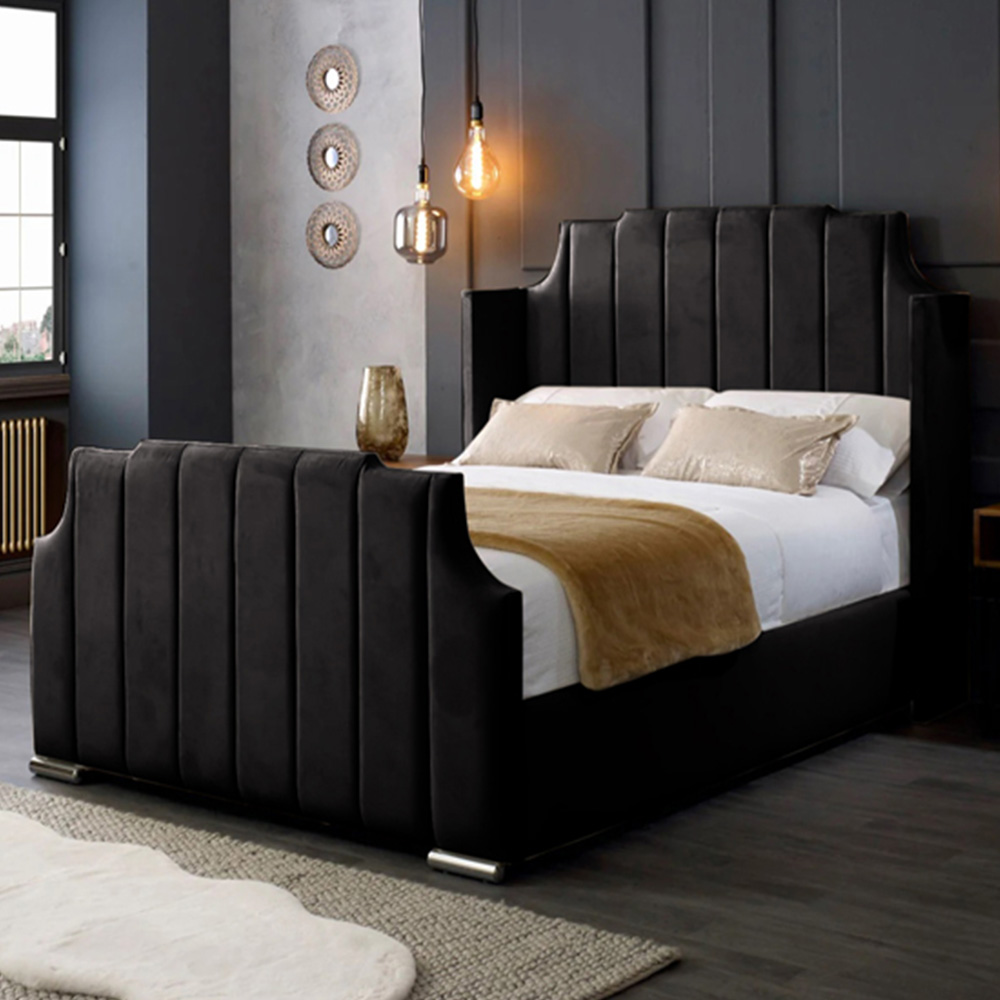 Eleganza Home Nelly King Size Black Plush Velvet Bed Frame with Winged Headboard Image 1