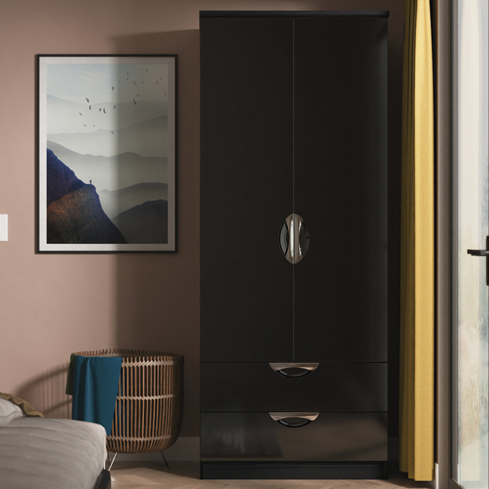 Crowndale Camden 2 Door 2 Drawer Black Gloss and Black Wardrobe Ready Assembled Image 1