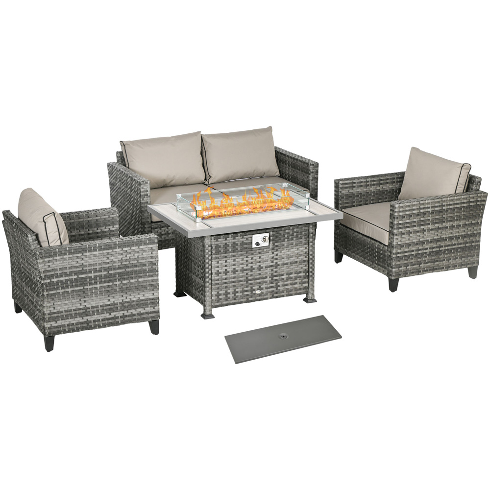 Outsunny 4 Seater Grey Rattan Patio Furniture Set with Gas Fire Pit Table Image 2