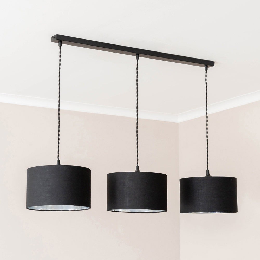 ValueLights Reni Black and Chrome Drum Shade 3 Drop Bar Black Diner LED Ceiling Light Image 3