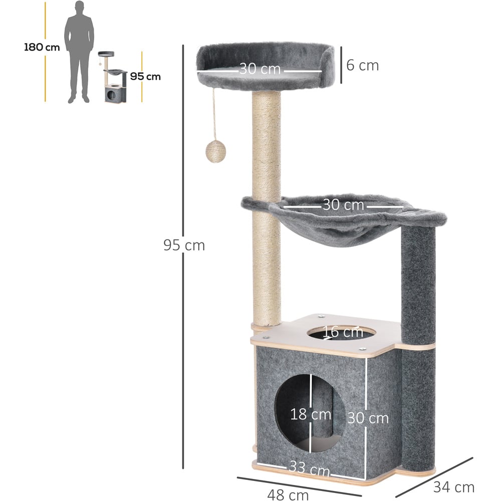 PawHut Grey Cat Tree Tower Climbing Activity Centre with Sisal Scratching Post Image 7