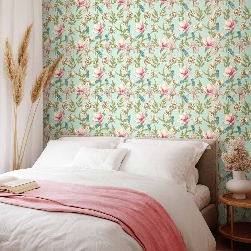 Hoopla Walls Orchid Bloom Duck Egg and Blush Non Woven Wallpaper Image 2
