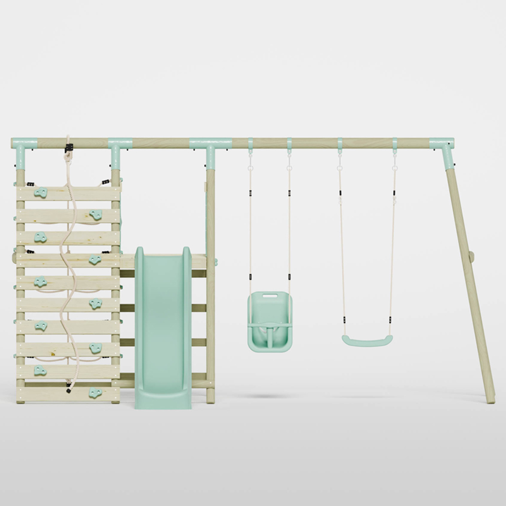Mercia Wooden Round Pole Single Swing and Baby Seat Swing Set with Climbing Wall and Slide Image 3