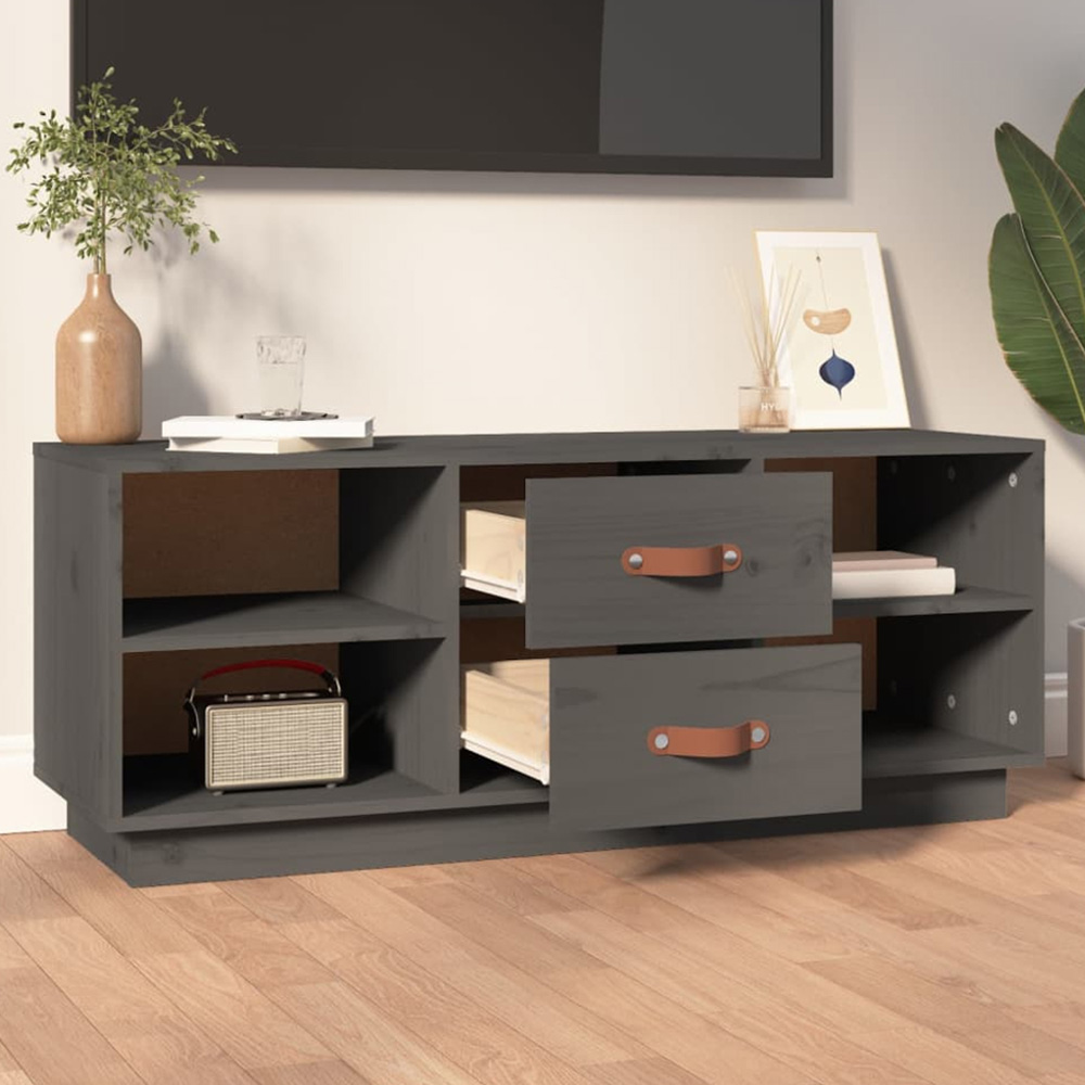 vidaXL 2 Drawer 4 Shelf Grey Solid Pine Wood TV Cabinet Image 1