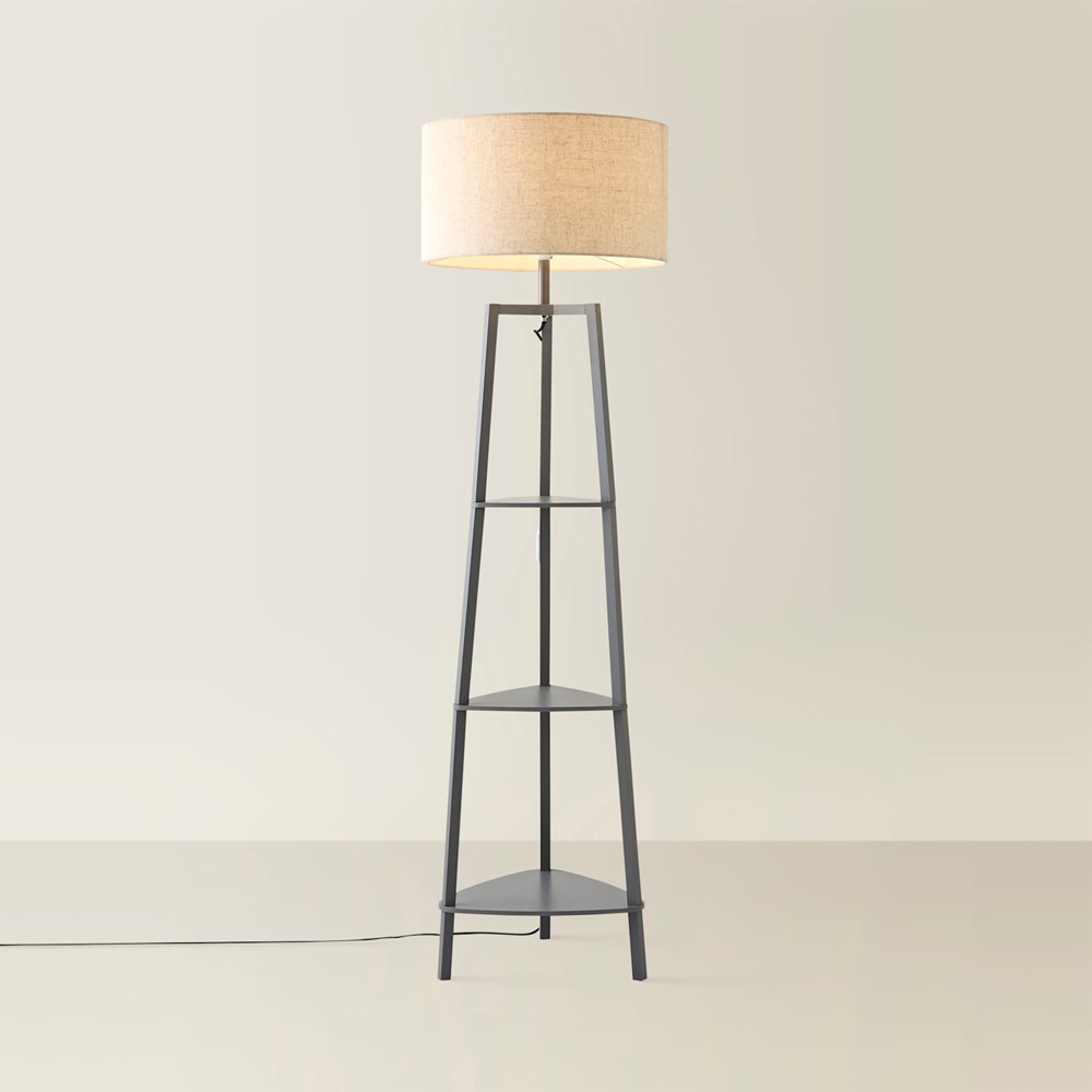 ValueLights Hiru 3 Shelf Linen Drum Shade Grey Wooden Floor Lamp with Bulb Image 3