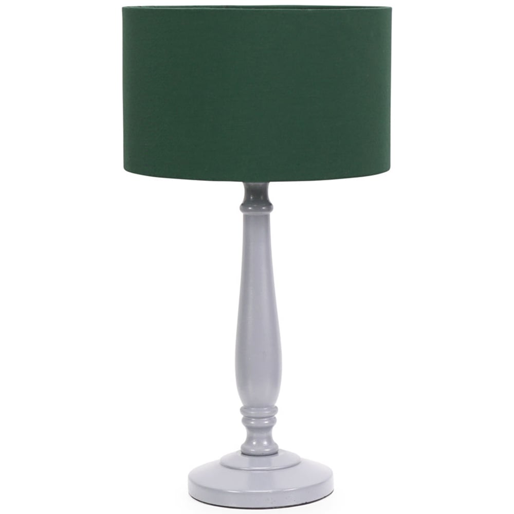 ValueLights Victoria Green Fabric Drum Shade Grey Wood Traditional Stem LED Table Lamp Image 1