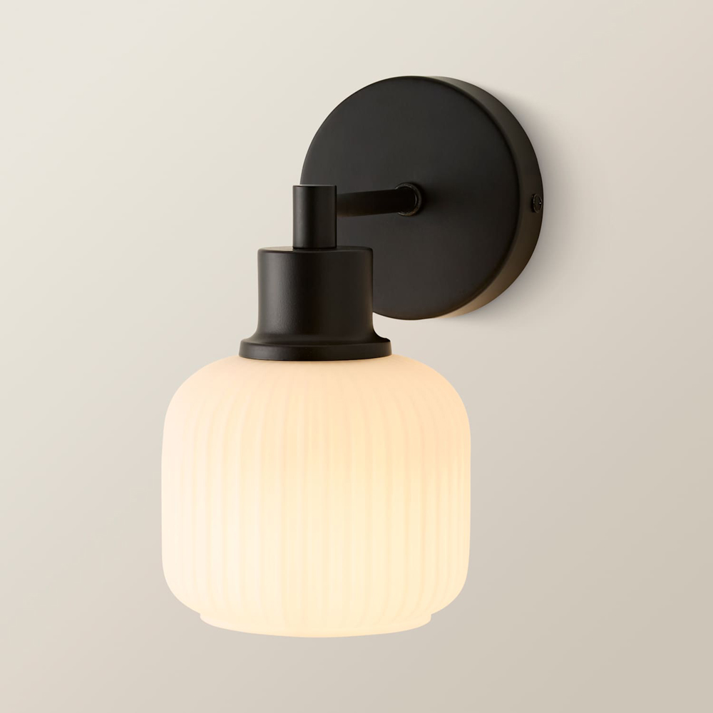 ValueLights Calpe Matte Black Ribbed Frosted Glass Shade Wall Light with Bulb Image 3